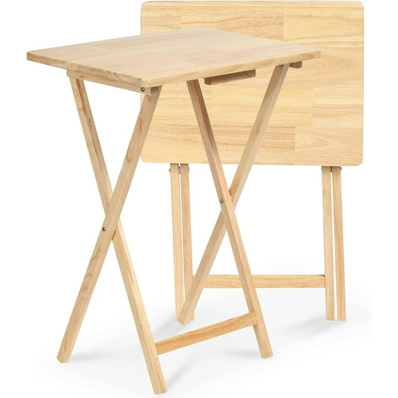 PRZL Conventional Solid and Sturdy Wood Construction Portable Folding TV Snack Tray Table Desk Serving Stand, Natural (2-Piece Set)
