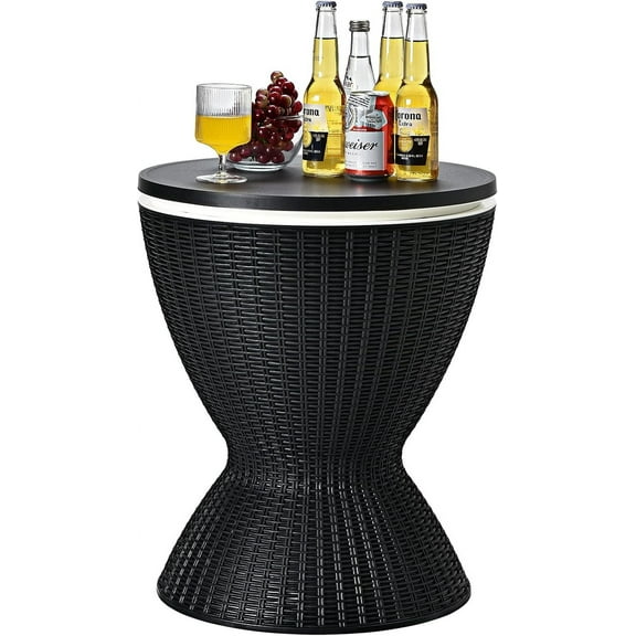 PRZL Cool Bar Table, 8 Gallon Rattan Patio Bar Cooler Table with Ice Bucket & Height Adjustable Tabletop, Beer & Wine Cooler, Outdoor Indoor Cocktail Coffee Table for Patio Party Pool Deck (Black)