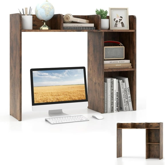 PRZL Desk Shelf, 3-Tier Table Top Desktop Bookshelf for 27” Monitor w/ 5 Open Display Racks, Non-Slip Foot Pads & Anti-Tipping Device, Desk Hutch for for Dorm, Office, Home, Study, 29”H (Brown)