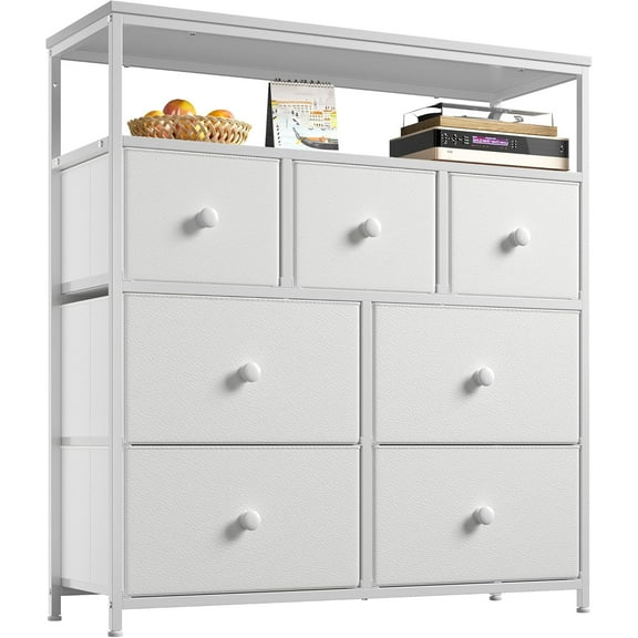 PRZL Dresser for Bedroom with 7 Drawers, Purple Dressers & Chests of Drawers, Dresser for Clothes Storage with Wooden Top and Metal Frame, Entertainment Center, White