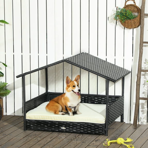 PRZL Elevated Wicker Dog House, Raised Rattan Pet Bed Cabana w/ Cushion,Canopy,Outdoor Cream White and Black