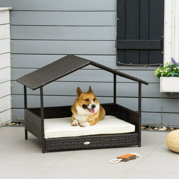 PRZL Elevated Wicker Dog House, Raised Rattan Pet Bed Cabana w/ Cushion,Canopy,Outdoor Cream White