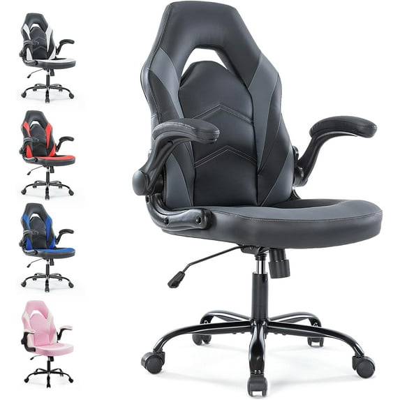PRZL Ergonomic Gaming Chair with Adjustable PU Leather Seat, Flip-Up Armrests, and Swivel Design, Perfect for Home Office, Gaming, or Entertainment – Ideal for Adults, Kids, and Gamers, Grey/Black