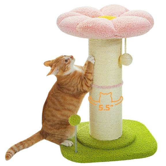 PRZL Flower Cat Scratching Post and Tree, Tall Scratcher with Super Thick Post Removable Cat Bed, Scratcher with Spring Ball - Perfect for Indoor Cats   Pink