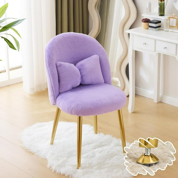 PRZL Fluffy Girls Vanity Chair with Back & Pillow,Cute Small Cozy Desk Chair No Wheels,Comfy Makeup Ch with Ajustable Gold Legs,for Bedroom,Living Room,Small Space,Purple