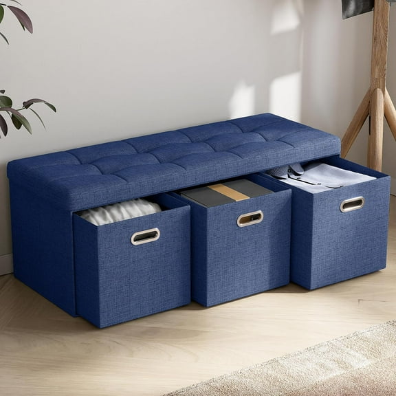 PRZL Foldable Tufted Linen Large Long Bench Storage Ottoman Foot Rest Stool Seat with 3 Drawer Cubes - 15" x 40" x 15", Navy Blue