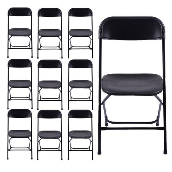 PRZL Folding Chairs Set of 10, Black Plastic Chair Sturdy Seat with Metal Frame, Perfect for Party, Event, Wedding, Birthday, Office, Outside Entertaining