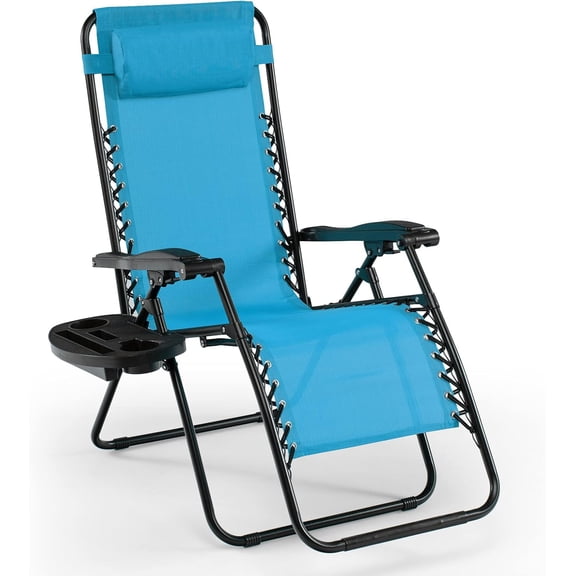 PRZL Folding Reclining Lounge Chair, Outdoor Zero Gravity Recliner W/Side Tray & Detachable Headrest Pillow, Heavy-Duty Steel Frame, Reclining Folding Chair for Poolside, Backyard (1, Blue)