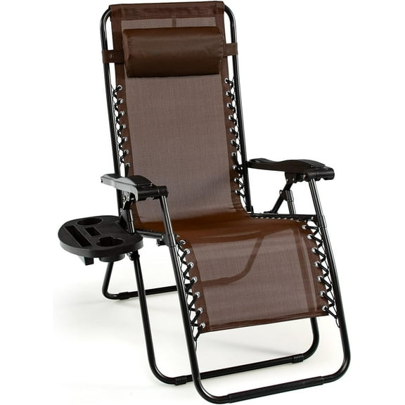 PRZL Folding Reclining Lounge Chair, Outdoor Zero Gravity Recliner W/Side Tray & Detachable Headrest Pillow, Heavy-Duty Steel Frame, Reclining Folding Chair for Poolside, Backyard (1, Coffee)