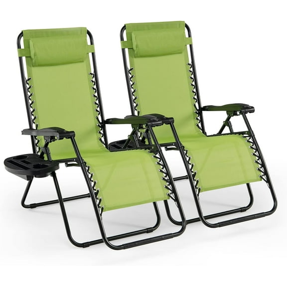 PRZL Folding Reclining Lounge Chair, Outdoor Zero Gravity Recliner W/Side Tray & Detachable Headrest Pillow, Heavy-Duty Steel Frame, Reclining Folding Chair for Poolside, Backyard (2, Green)
