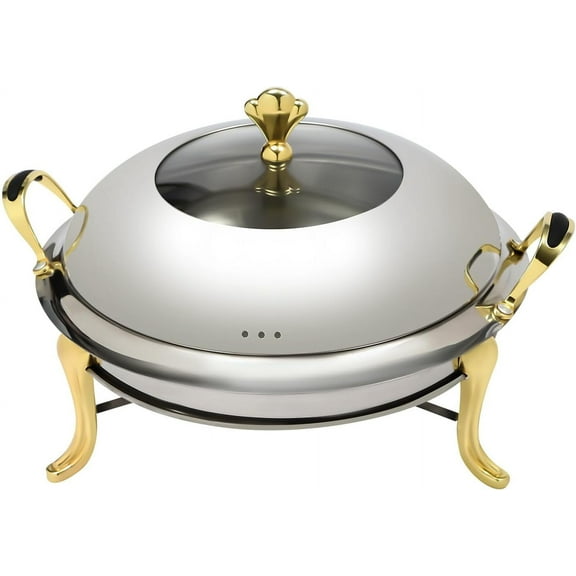 PRZL Gold Round Stainless Steel Food Warmer with Support Frame, Self-Serve Skillet 5-Piece Set, Lid, Chafing Dish, Handle, and Alcohol Fuel Can. Ideal for Family Dinners, Restaurants (12.05 inches)