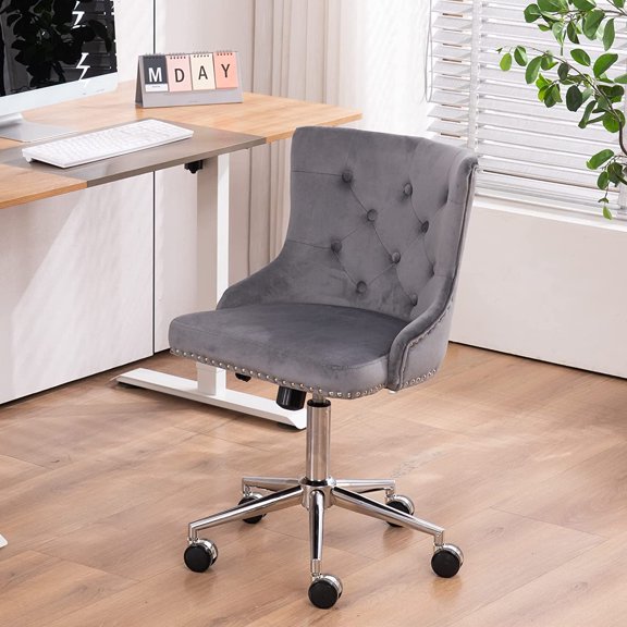 PRZL Grey Velvet Armless Home Office Desk Chair with Gold Base/Wheels, Small Cute Vanity/Makeup Chair with Back for Bedroom, Upholstered Adjustable Rolling Swivel Nail Chair for Women/Girls