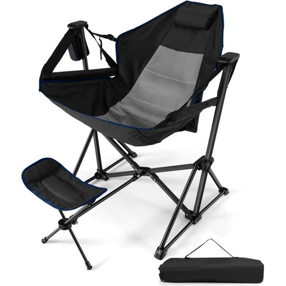 PRZL Hammock Camping Chair Folding Camping Swinging Chair with Retractable Footrest, Cozy Head Pillow, Carrying Bag, Portable Lightweight Rocking Chair for Camping Fishing Picnic（Black）