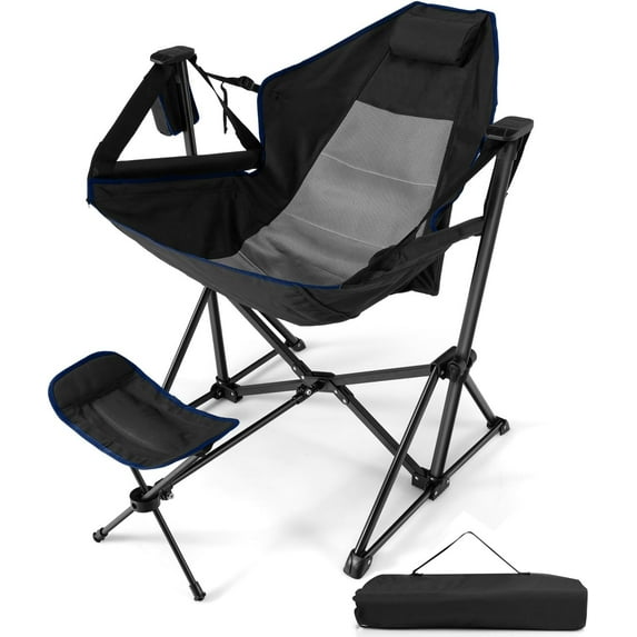 PRZL Hammock Camping Chair Folding Camping Swinging Chair with Retractable Footrest, Cozy Head Pillow, Carrying Bag, Portable Lightweight Rocking Chair for Camping Fishing Picnic(Black)