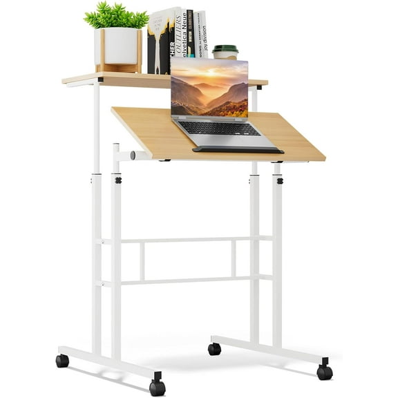 PRZL Height Adjustable Rolling Desk Mobile Portable Laptop Stand Cart Small Sit Standing Desk Computer Table Workstation for Home Office, Natural