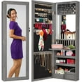 thumbnail image 1 of PRZL LED Mirror Jewelry Cabinet, Tall Lockable Wall or Door Mounted Jewelry Armoire Organizer with Mirror, 2 Drawers, Lock, Cosmetic Tray, Shelves - Gray Oak, 1 of 13