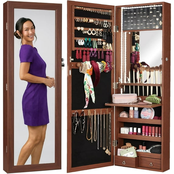 PRZL LED Mirror Jewelry Cabinet, Tall Lockable Wall or Door Mounted Jewelry Armoire Organizer with Mirror, 2 Drawers, Lock, Cosmetic Tray, Shelves - Walnut