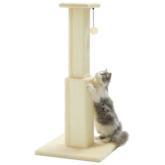 PRZL Large Cat Scratching Post 32” Tall Black Scratching Post for Indoor Cats Adults Ultimate Scratch Post with Woven Sisal, Large Base and Removable Dangling Ball  Beige