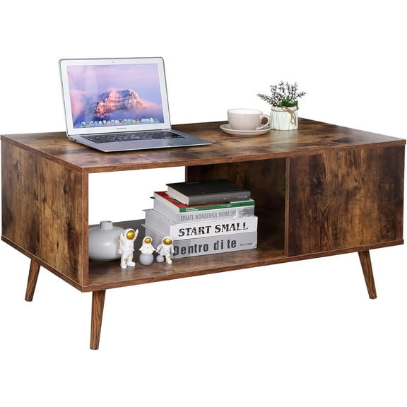 PRZL Mid Century Modern Coffee Table, Wooden Retro Coffee Table with Open Storage Shelf for Living Room, Reception, Easy Assembly (Brown)