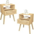 thumbnail image 1 of PRZL Mid-Century Modern Rattan Nightstand (2 SET), Boho Wood Accent Table with Storage Drawer - Bedside Table for Bedroom or End Table for Living Room, Natural Wood Accent Decor - Light Brown, 1 of 8