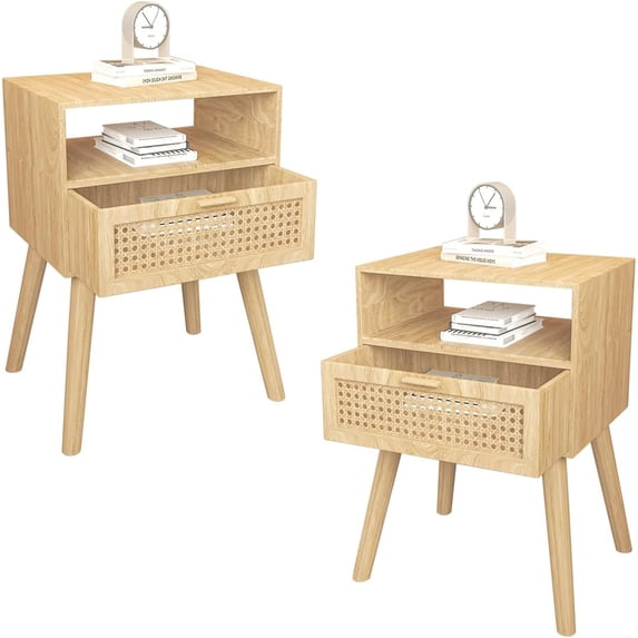 PRZL Mid-Century Modern Rattan Nightstand (2 SET), Boho Wood Accent Table with Storage Drawer - Bedside Table for Bedroom or End Table for Living Room, Natural Wood Accent Decor - Light Brown