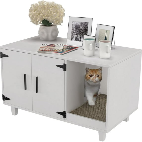 PRZL Modern Wood Pet Crate Cat Washroom Hidden Litter Box Enclosure Furniture House as Table Nightstand with Scratch Pad,Stackable (White)