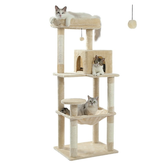 PRZL Multi-Level Cat Tower with Large Metal Frame Hammock, Cat Condo with 4 Scratching Posts and Top Perch for Small Medium Cat  Beige