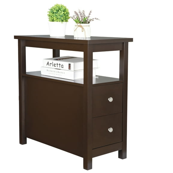 PRZL Narrow End Table Side Table with Drawer and Open Shelf Sofa Table for Living Room Bedroom, Small Table for Bedside （Brown）