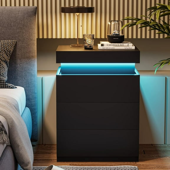 PRZL Nightstand with Charging Station and LED Lights,Night Stand with Sliding Top,Bedside Table with Drawers,Modern End Side Table for Bedroom,Black