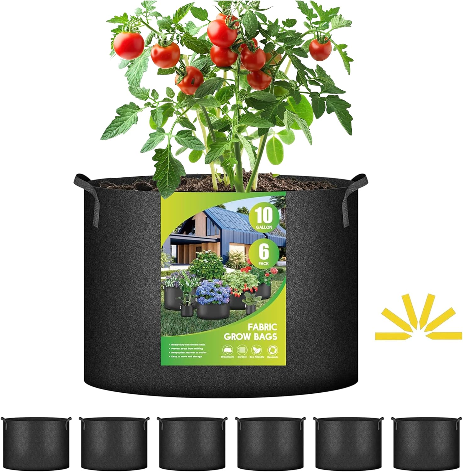 Nylon Containers PRZL Plant Grow Bag 10 Gallon 6-Pack Heavy Duty Fabric Pots, 300g Thick ...