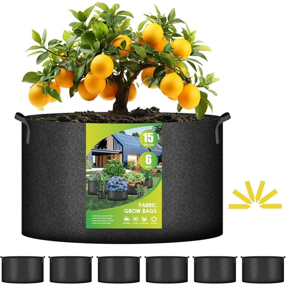 PRZL Plant Grow Bag 15 Gallon 6-Pack Heavy Duty Fabric Pots, 300g Thick Nonwoven Fabric Containers Aeration with Nylon Handles, for Planting Vegetables, Fruits, Flowers, Black 2024 Version
