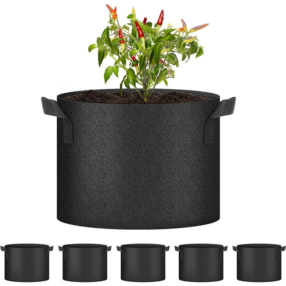 PRZL Plant Grow Bags 10 Gallon, Tomoato Planter Pots 5-Pack with Handles, Aeration Nonwoven Fabric, Heavy Duty Gardening Planter for Vegetable, Herbs and Flowers, Black