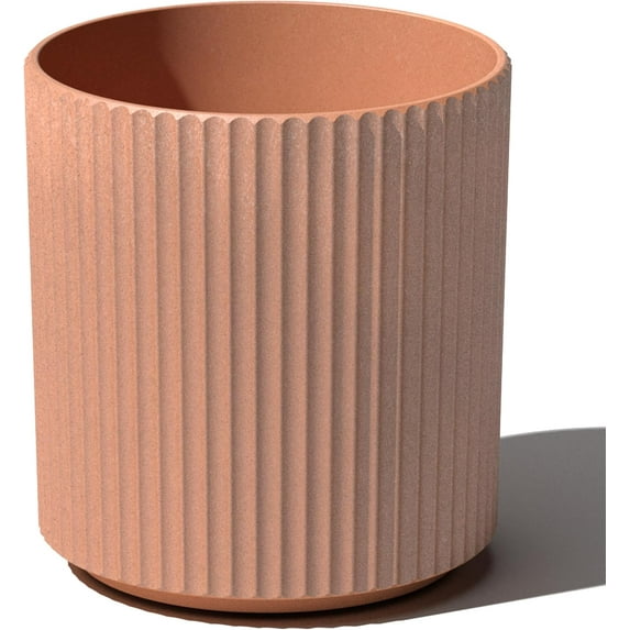 PRZL Planter - Large Round Planter for Indoor or Outdoor Patio/Balcony | Made from Plastic & Concrete with Drainage Holes | Modern Décor for Flowers, Trees, Tall Plants (16 inch Terracotta)