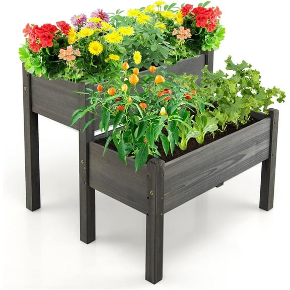 PRZL Raised Garden Bed Set of 2, Wood Elevated Planter Beds with 8 Drainage Holes & 2 Planter Boxes, 3.5 Cu.Ft Outdoor Planting Container for Flowers Vegetables Herbs