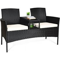 PRZL Rattan Wicker Loveseat with Coffee Table Outdoor Patio Loveseat Conversation Sofa Furniture with Cushions for Garden Lawn Backyard Porch (Beige)