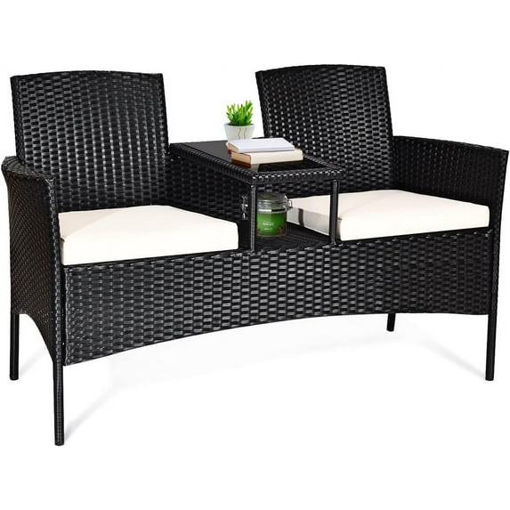 PRZL Rattan Wicker Loveseat with Coffee Table Outdoor Patio Loveseat Conversation Sofa Furniture with Cushions for Garden Lawn Backyard Porch (Beige)