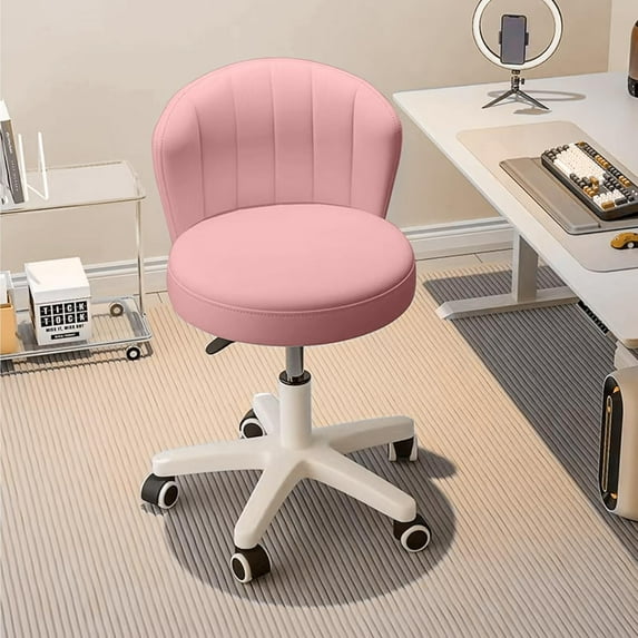 PRZL Small Desk Chair Round Rolling Chair with Back PU Leather Height Adjustable Swivel Vanity Work Computer Stool Chair for Home Office Bedroom(Pink)