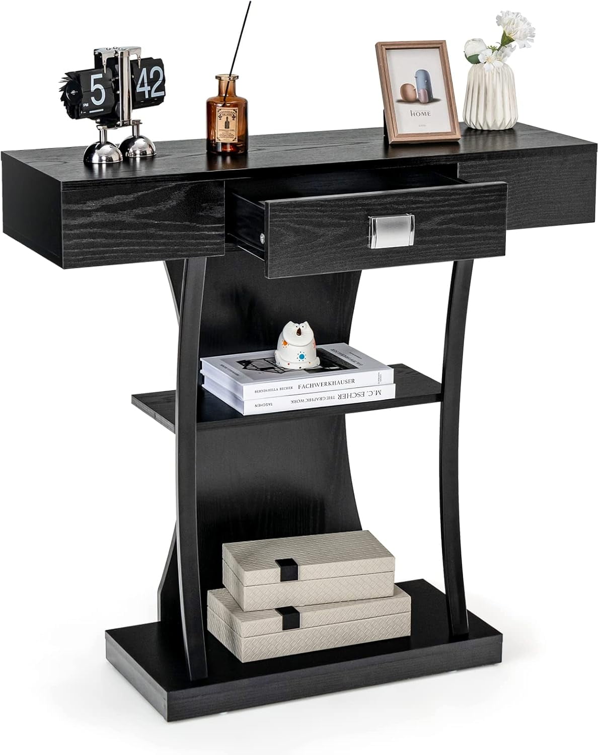 Table Rack Front View PRZL Small Entryway Table, 3-Tier Accent Sofa Table w/Storage Drawer ...