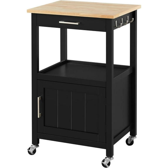 PRZL Small Kitchen Island on Wheels with Wood Top and Drawer, Trolley Cart with Open Shelf and Storage Cabinet for Dining Room, 22x18x35 Inches, Black