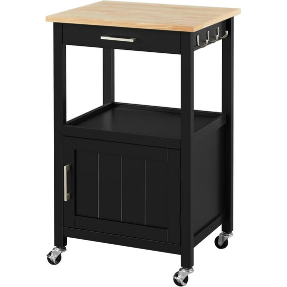 PRZL Small Kitchen Island on Wheels with Wood Top and Drawer, Trolley Cart with Open Shelf and Storage Cabinet for Dining Room, 22x18x35 Inches, Black