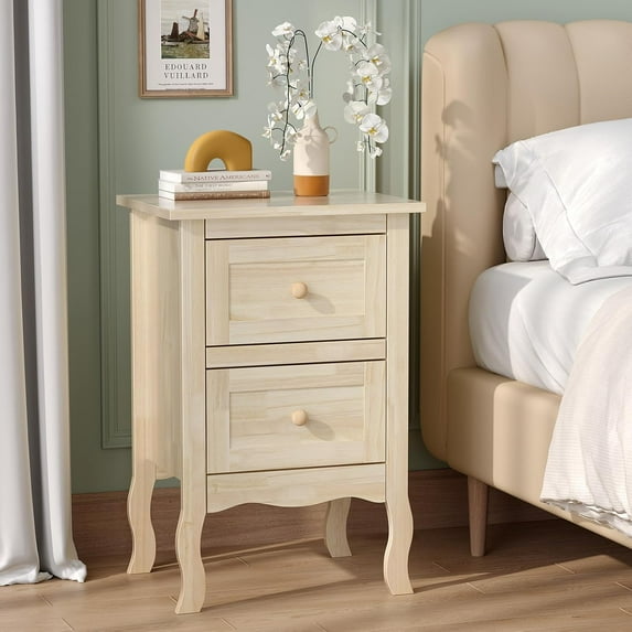 PRZL Solid Wood Nightstand Unfinished for Color DIY, Small Night Stand for Bedroom, Natural Wood Nightstand with Drawers, Light Wood Nightstand, Real Wooden Bed Side Table/End Table