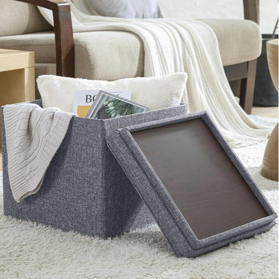 PRZL Square Storage Ottoman Linen Foldable Tufted Cube Storage Ottoman Foot Rest Stool/Seat with Table Top Lid, Coffee Table Ottoman - 15" x 15" x 15" (Gray)