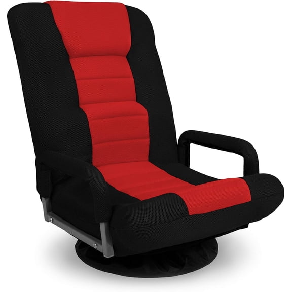 PRZL Swivel Gaming Chair 360 Degree Multipurpose Floor Chair Rocker for TV, Reading, Playing Video Games w/Lumbar Support, Armrest Handles, Adjustable Foldable Backrest - Black/Red