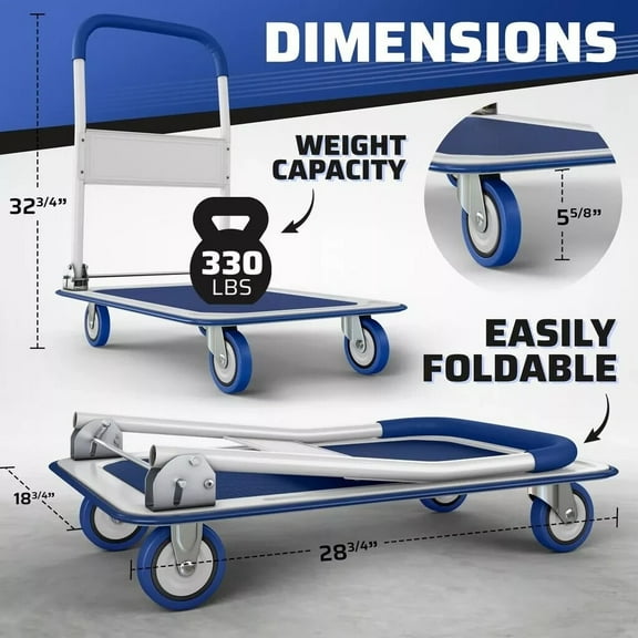 PRZL Upgraded Foldable Push Cart Dolly | 330 lbs. Capacity Moving Platform Hand Truck | Heavy Duty Space Saving Collapsible | Swivel Push Handle Flat Bed Wagon (Blue 330 lbs)