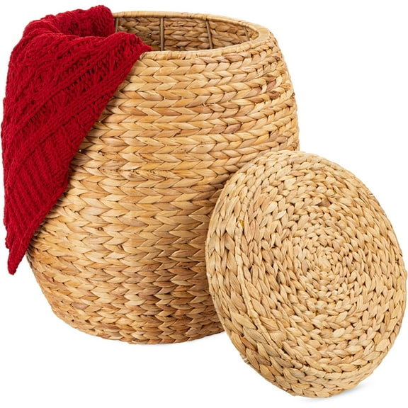PRZL Vintage Multipurpose Hyacinth Storage Basket, Plant Décor, Handwoven Organizer Tote for Bedroom, Living Room, Bathroom, w/Lid - Natural