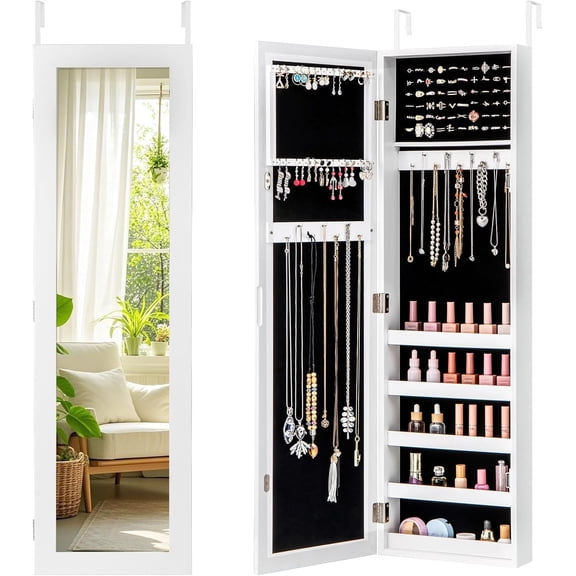 PRZL Wall or Door Mounted Jewelry Cabinet with Full Length Mirror, Over The Door Jewelry Armoire Organizer, Hanging Storage Cabinet with Necklace Hooks, Earring Slots, Ring Slots & Shelves (White)