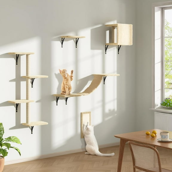 PRZL Wall Mounted Cat Furniture, Cat Wall Shelves and Perches, Floating Cat Shelves for Wall Set of 5(Beige)