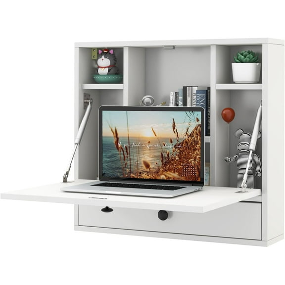 PRZL  Wall Mounted Desk, Folding Floating Wall Mount Laptop Desk, Space Saving Wall Mounted Table with Storage Drawer & Shelves (White)