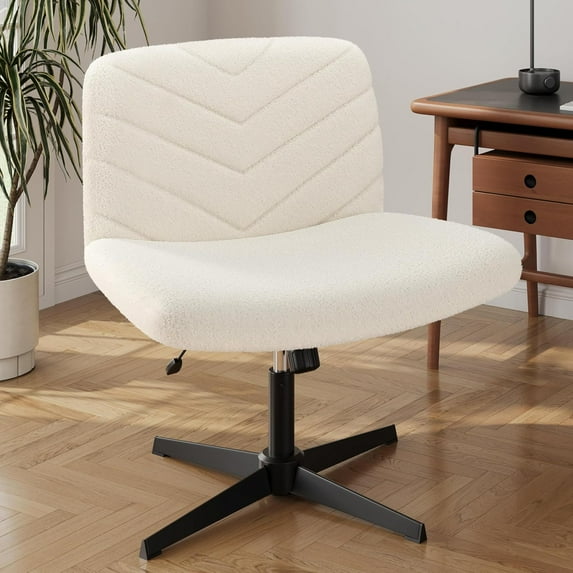 PRZL Wide Criss Cross Legged Office Desk Chair with No Wheels, Vanity Comfy Swivel Computer Chairs for Home Office Reading Makeup, Beige(No Wheels)