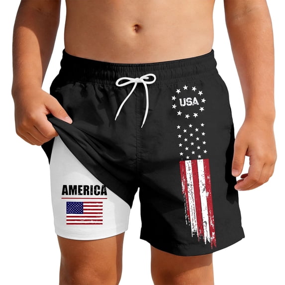 PRfgtbd American Flag Boys Swim Trunks With Compression Liner Patriotic Print Beach Shorts Swimwear Summer Lightweight Casual Bathing Suit 5-6 Years